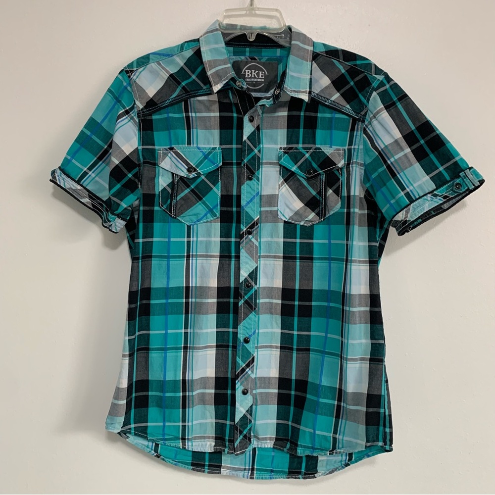 BKE men’s short sleeve button-down shirt, teal blue black gray, western cowboy - Picture 7 of 10